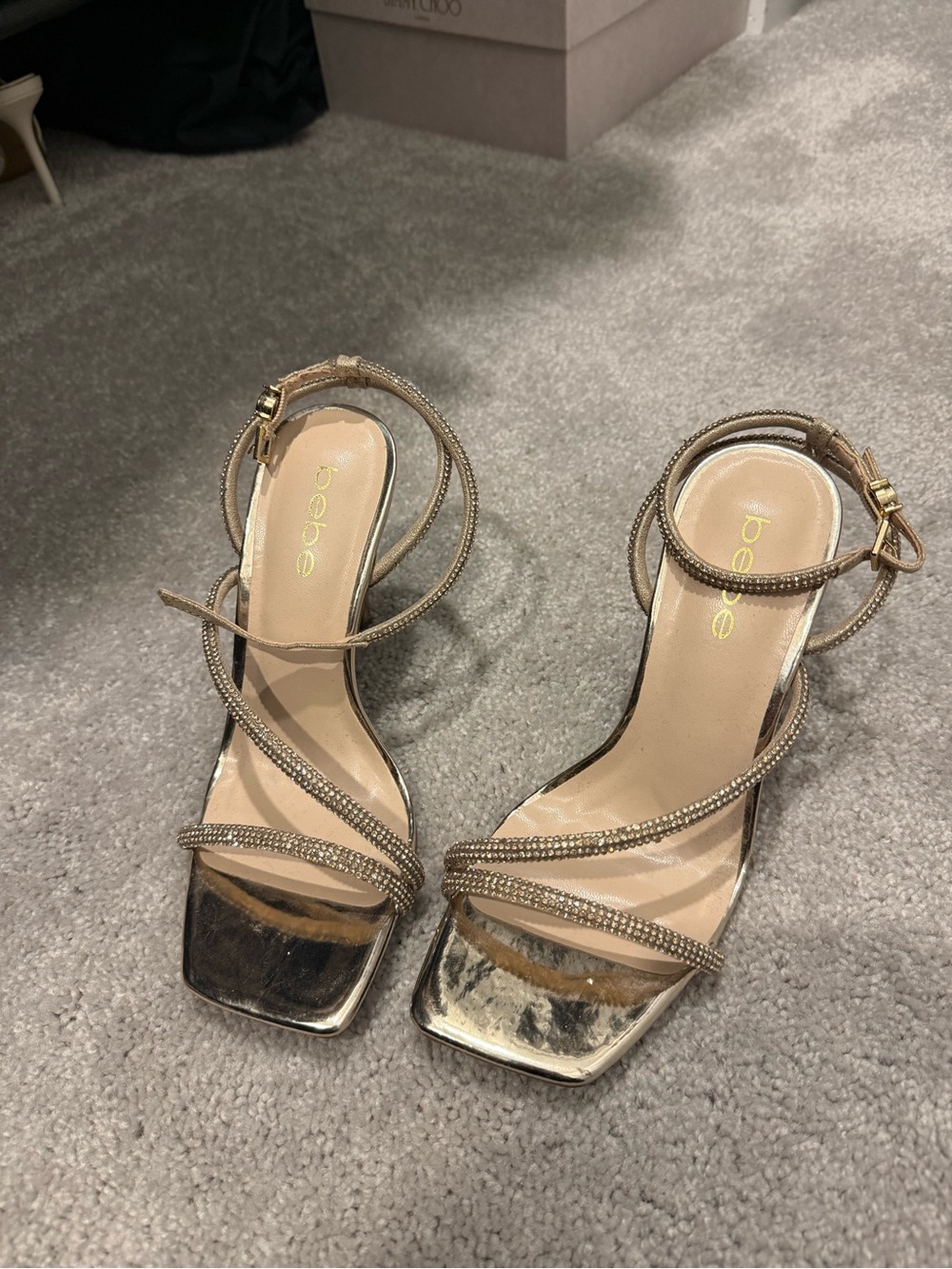 bebe Metallic Gold Rhinestone Strappy High Heel Sandals